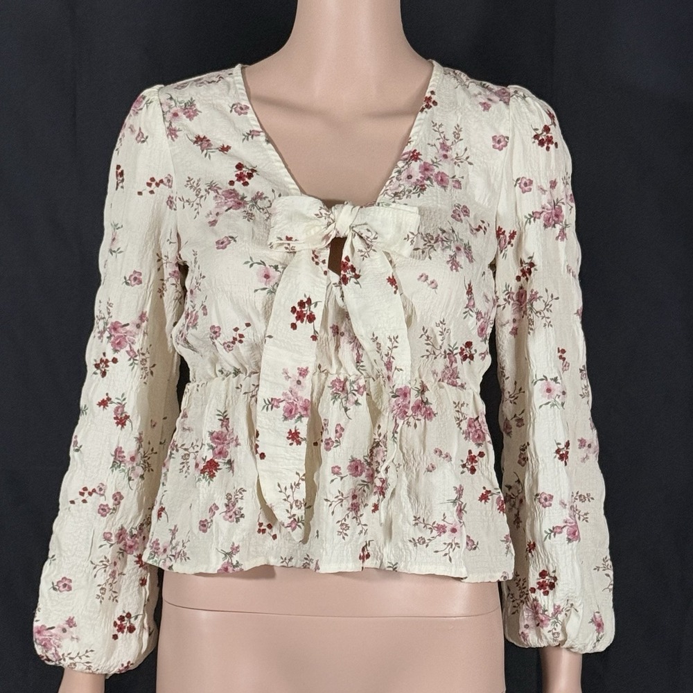Rose and Grey Cream Floral Tie Front Ruffle V-Neck Blouse Pink Red Small